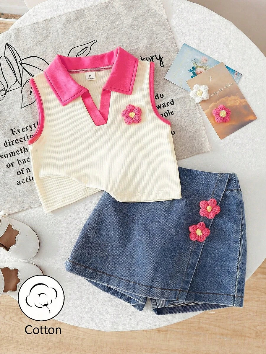 Toddler Girls Textured Knit Vest Top And Denim Skort Flower Embroidered Summer Outfit Set