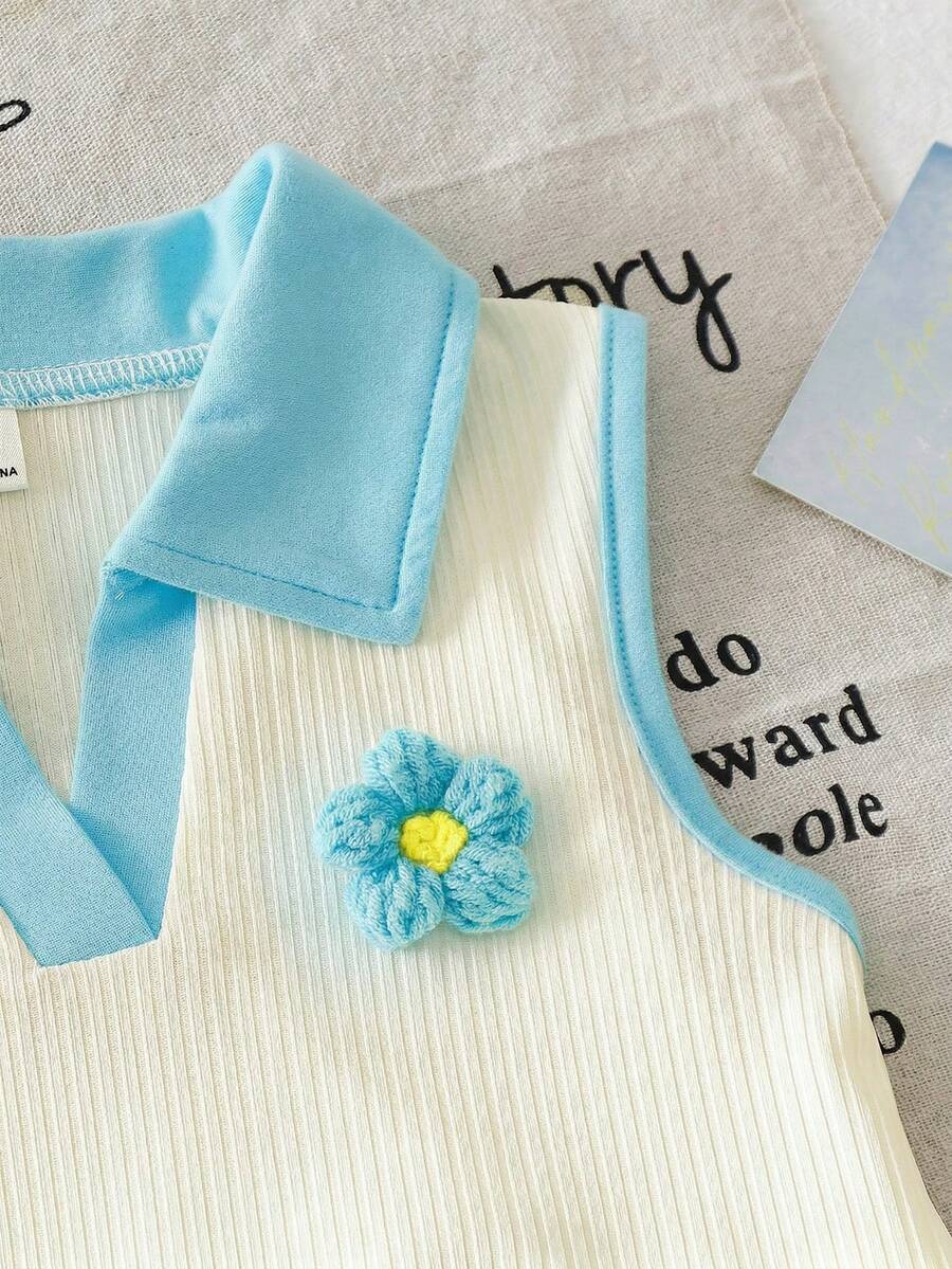 Toddler Girls Textured Knit Vest Top And Denim Skort Flower Embroidered Summer Outfit Set