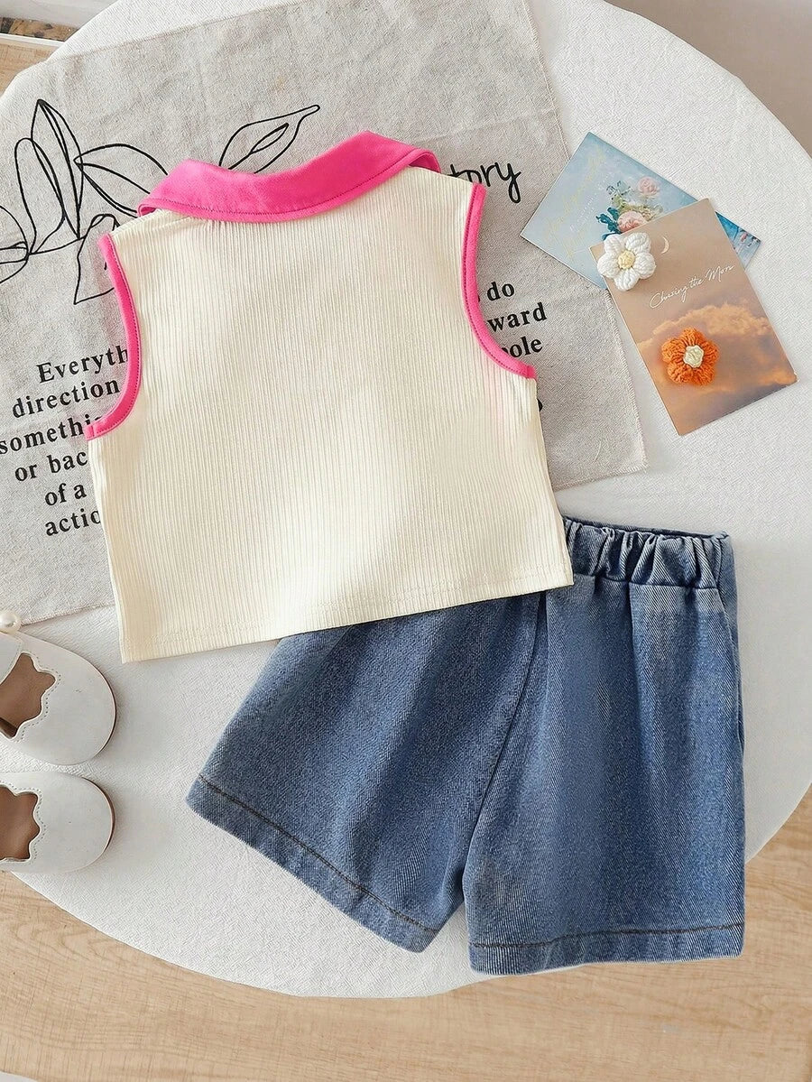 Toddler Girls Textured Knit Vest Top And Denim Skort Flower Embroidered Summer Outfit Set
