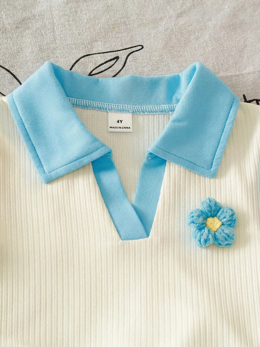 Toddler Girls Textured Knit Vest Top And Denim Skort Flower Embroidered Summer Outfit Set