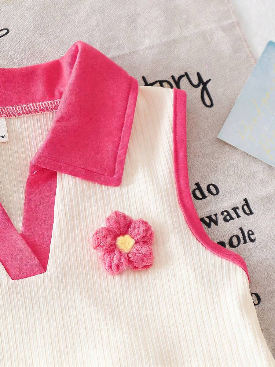 Toddler Girls Textured Knit Vest Top And Denim Skort Flower Embroidered Summer Outfit Set