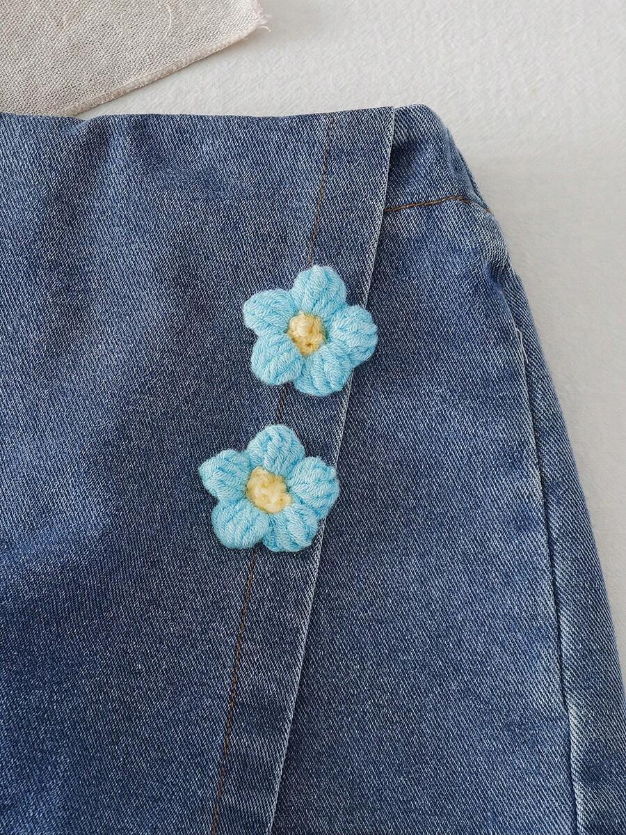 Toddler Girls Textured Knit Vest Top And Denim Skort Flower Embroidered Summer Outfit Set