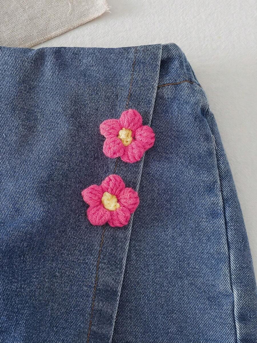 Toddler Girls Textured Knit Vest Top And Denim Skort Flower Embroidered Summer Outfit Set