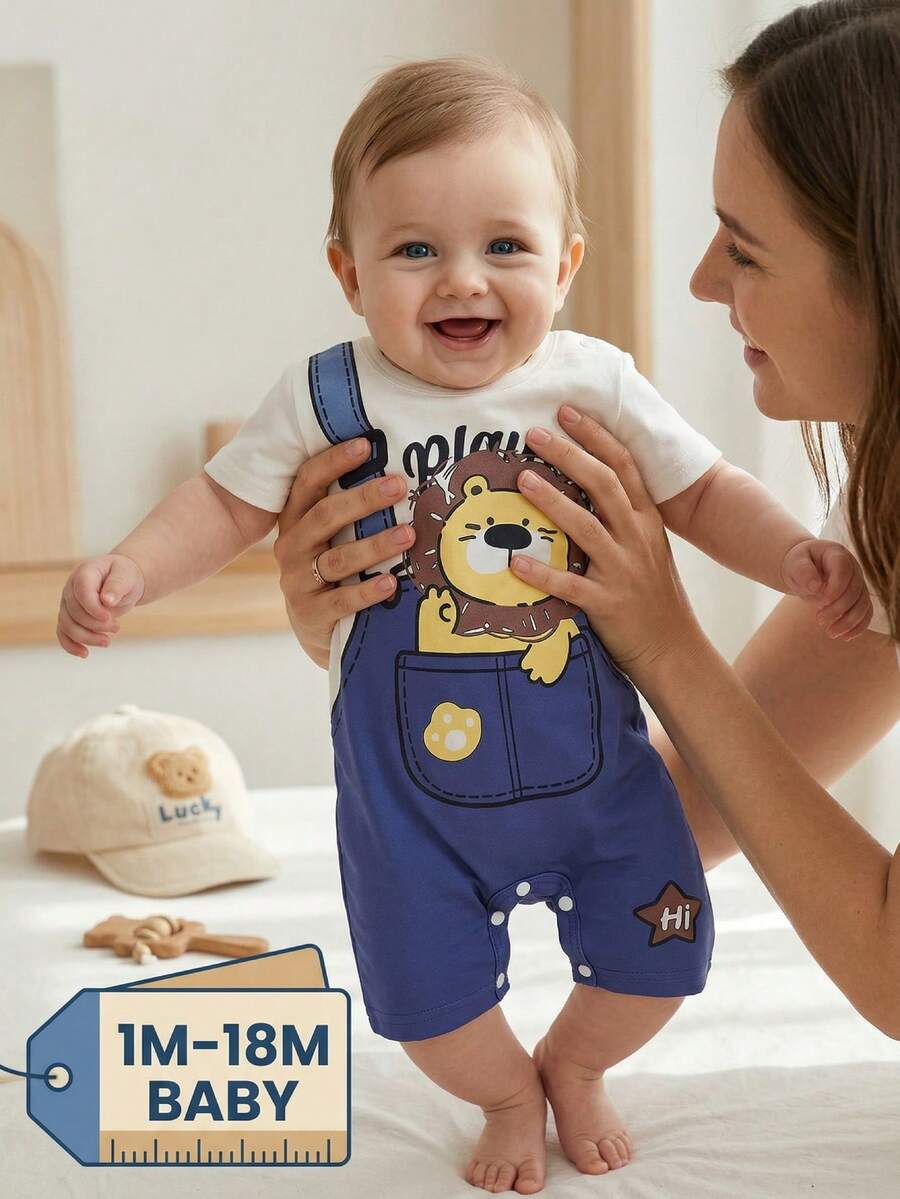 Baby Boy Summer Romper Featuring Cute Cartoon Panda Design