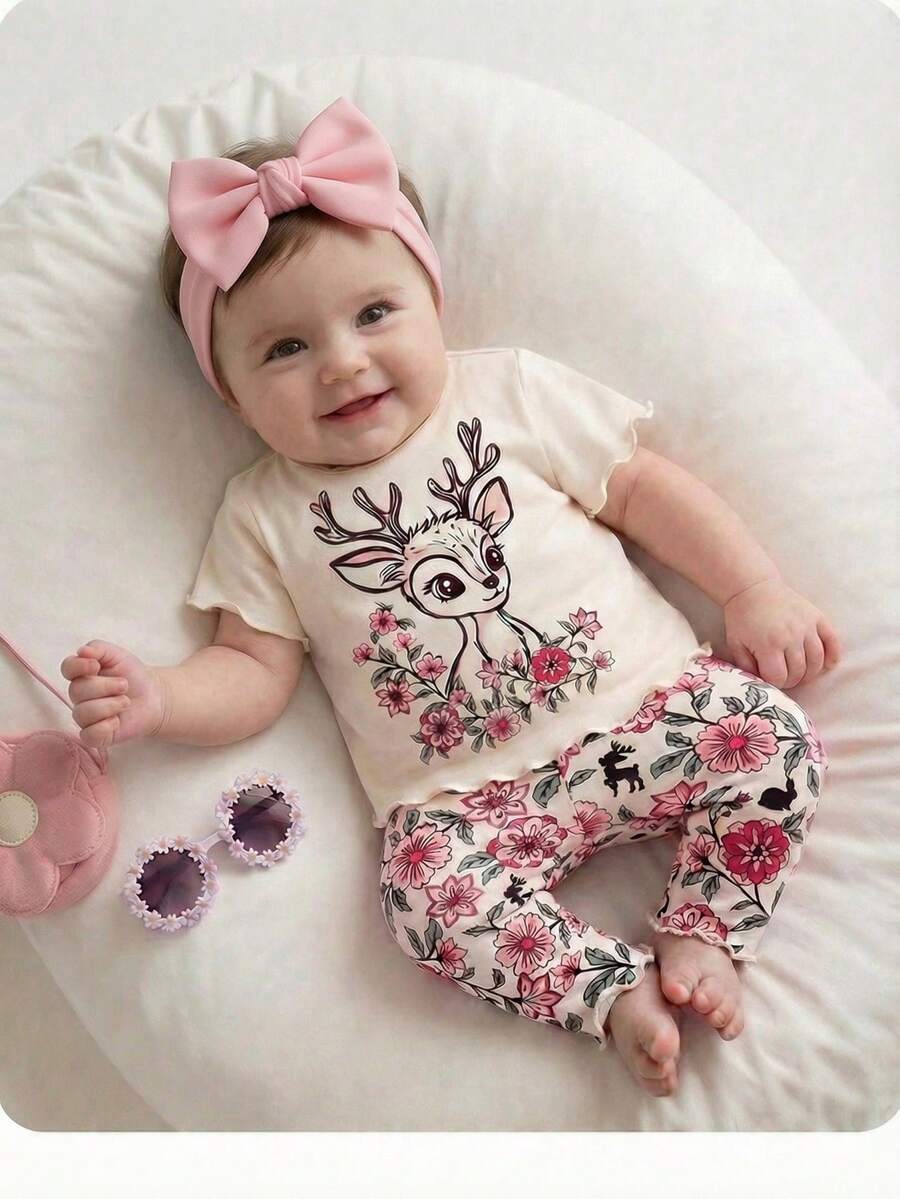 2PCS Baby Daisy Print T-Shirt and Shorts Set for Summer Daily Wear
