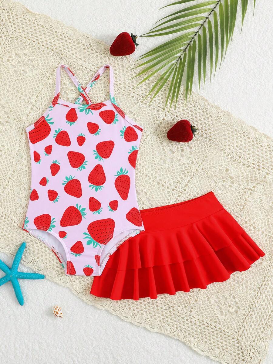Little Girls Strawberry Swim Dress One Piece Beach Vacation Swimwear