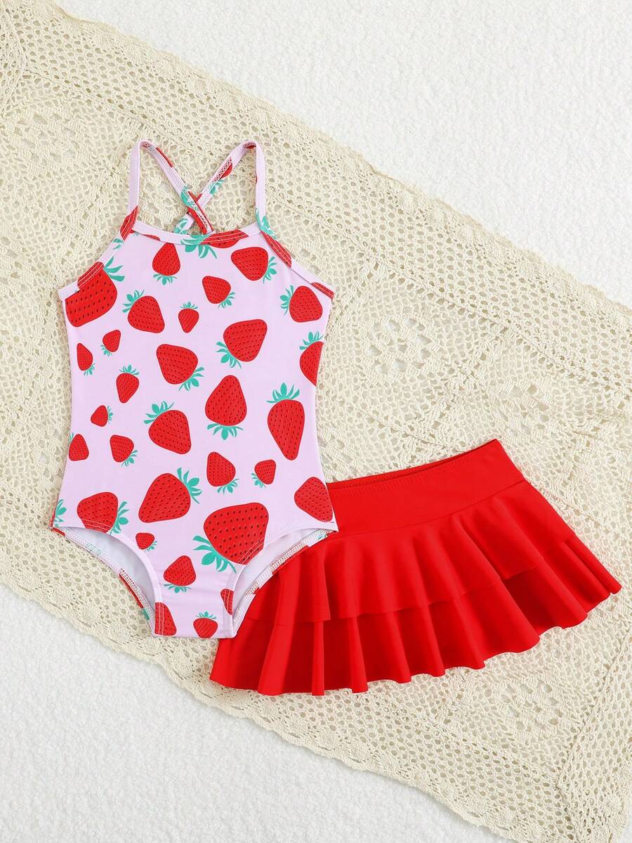 Little Girls Strawberry Swim Dress One Piece Beach Vacation Swimwear