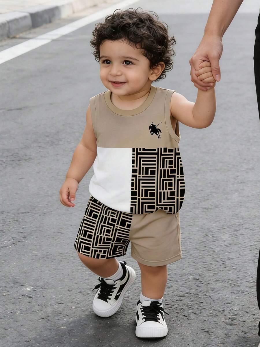 Baby Boy Gradient Logo Print Tank Top and Shorts 2 Piece Casual Summer Outfit Set