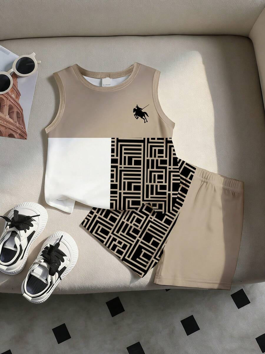 Baby Boy Gradient Logo Print Tank Top and Shorts 2 Piece Casual Summer Outfit Set