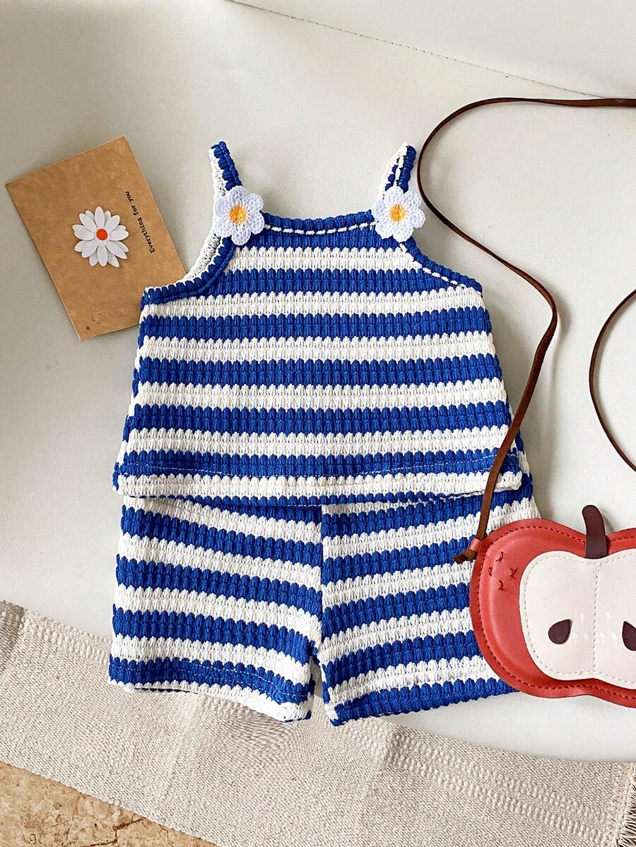 Striped Knit Camisole And Shorts Set For Baby Girls Summer Vacation Wear