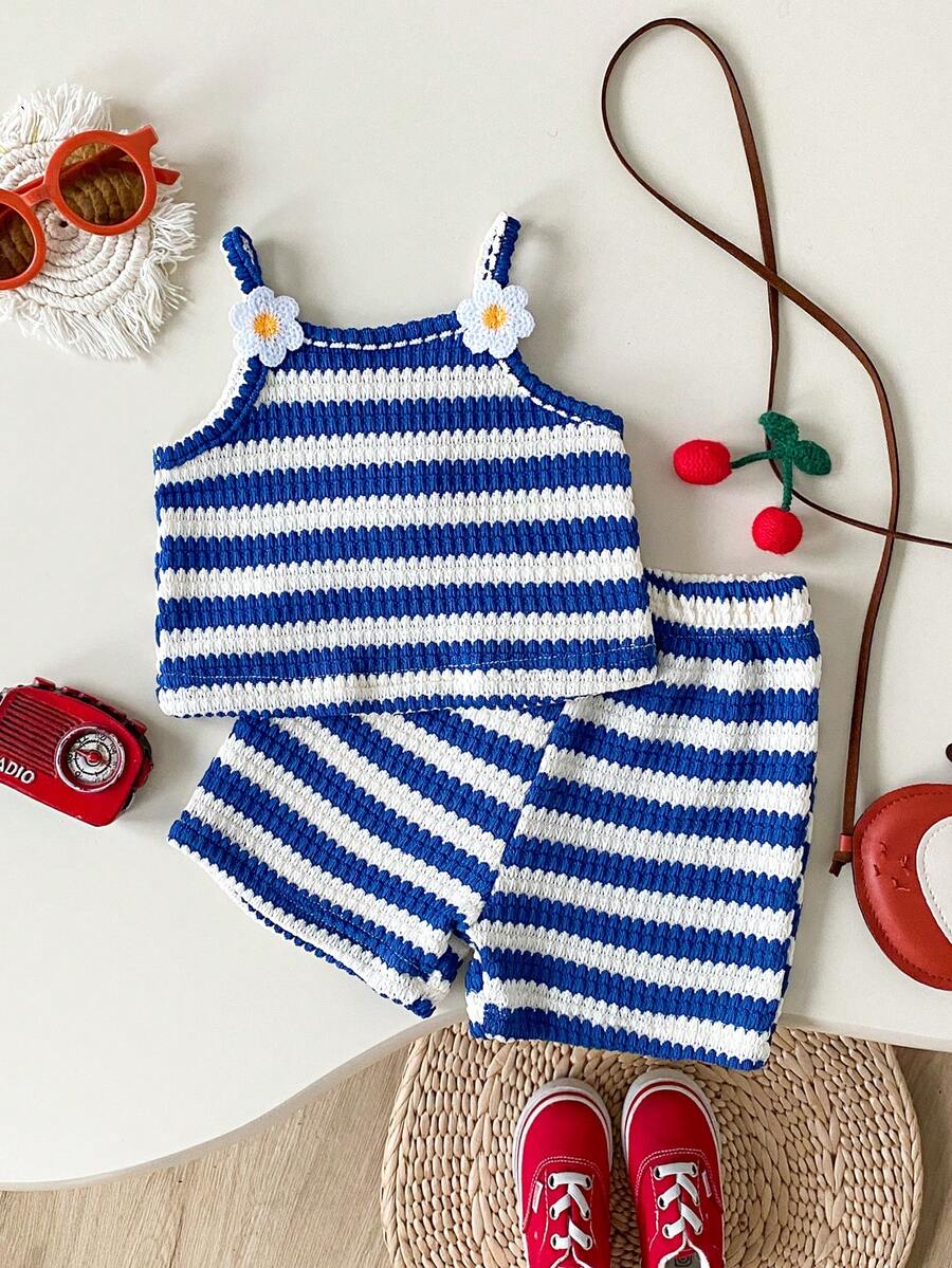 Striped Knit Camisole And Shorts Set For Baby Girls Summer Vacation Wear