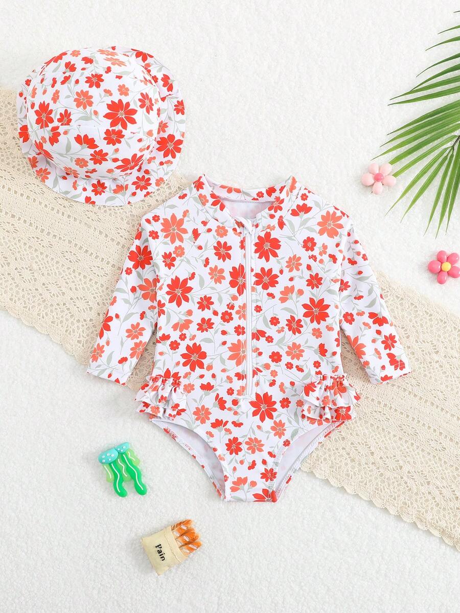 Baby Floral Print Ruffle Long Sleeve Swimsuit Set with Matching Swim Cap