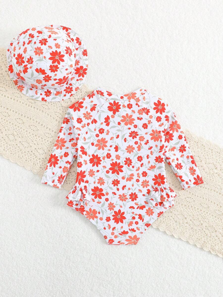 Baby Floral Print Ruffle Long Sleeve Swimsuit Set with Matching Swim Cap