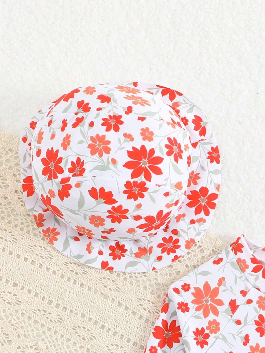 Baby Floral Print Ruffle Long Sleeve Swimsuit Set with Matching Swim Cap