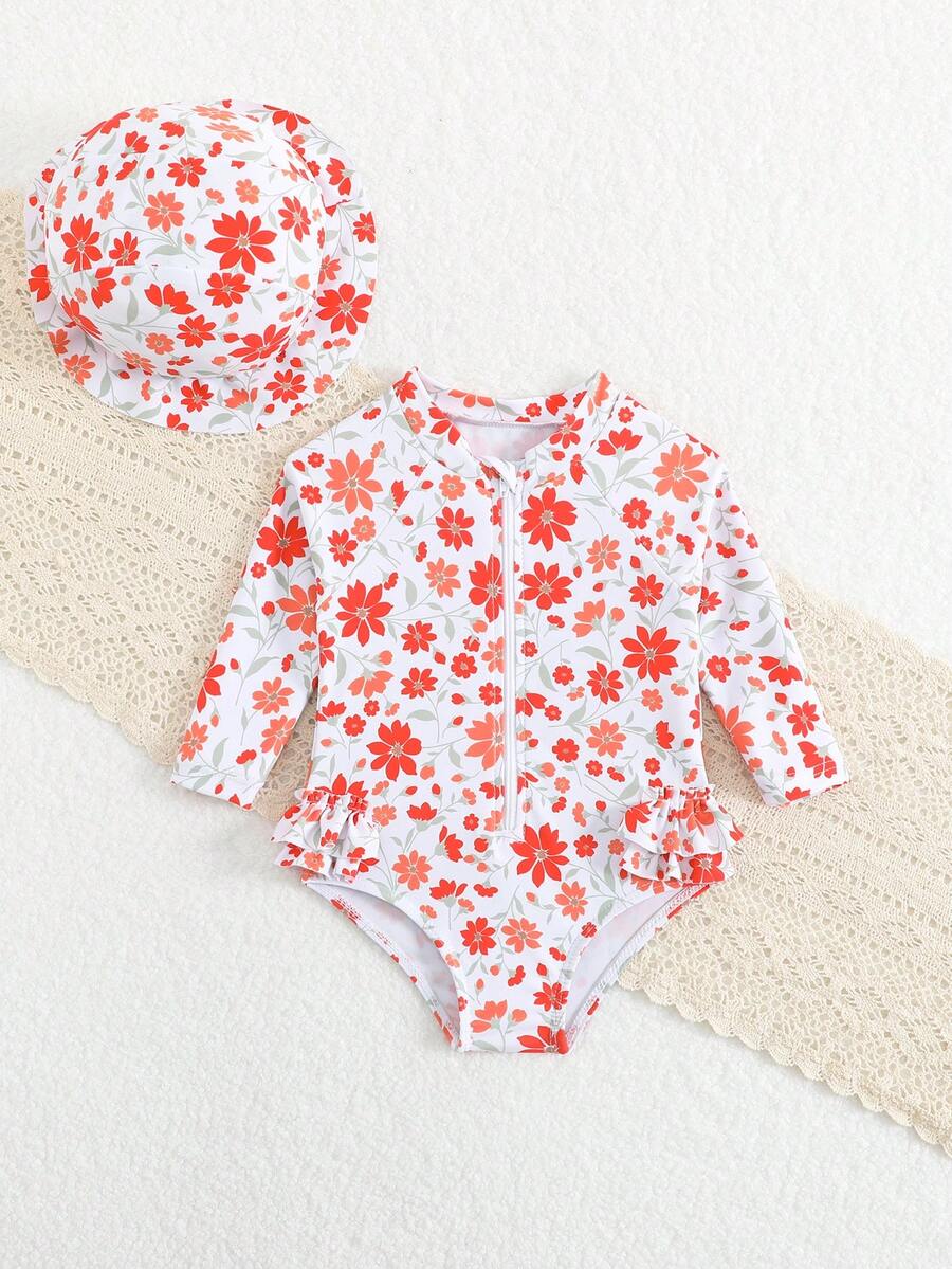 Baby Floral Print Ruffle Long Sleeve Swimsuit Set with Matching Swim Cap