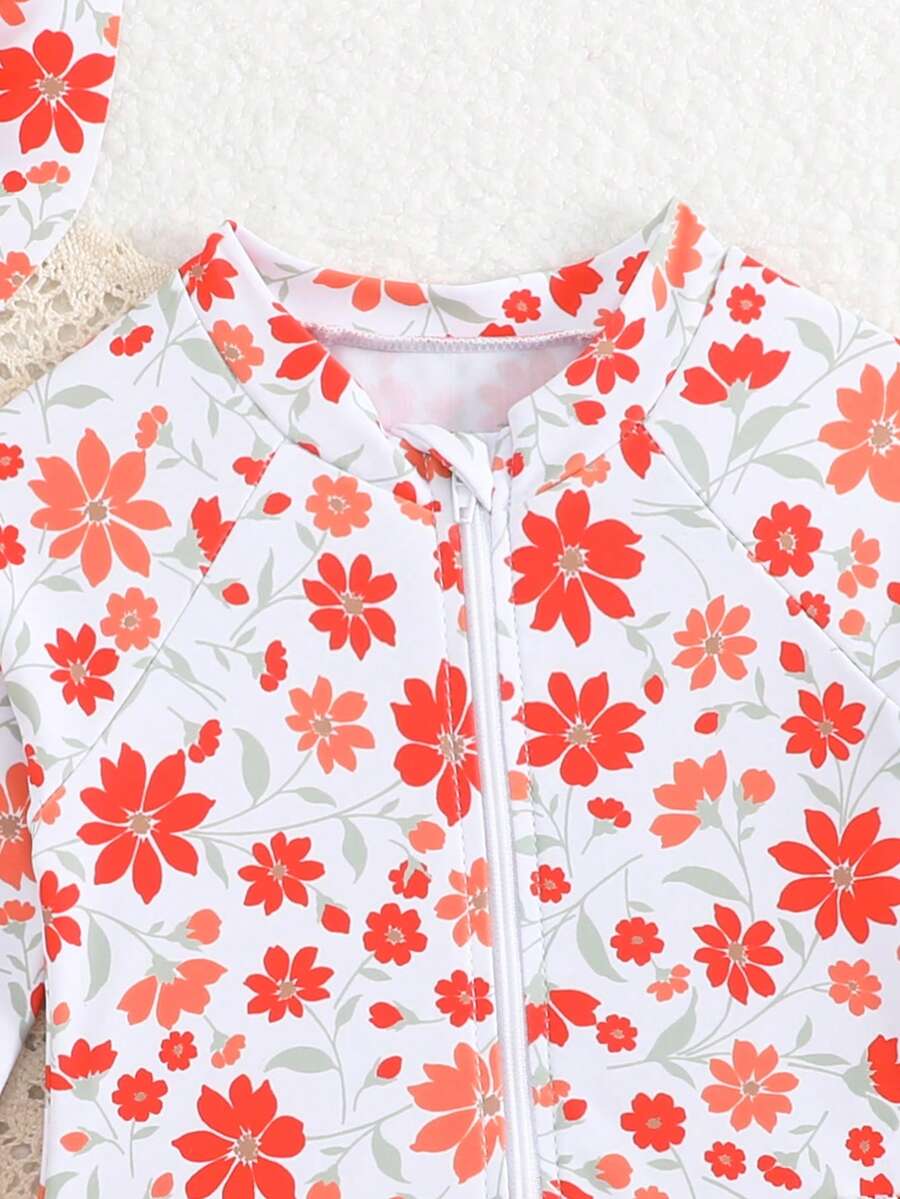 Baby Floral Print Ruffle Long Sleeve Swimsuit Set with Matching Swim Cap