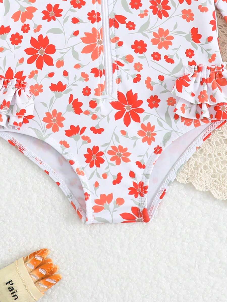 Baby Floral Print Ruffle Long Sleeve Swimsuit Set with Matching Swim Cap