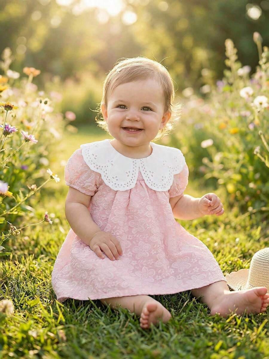 Girls Jacquard Princess Dress with Ruffle Collar for Elegant Summer Parties and Vacations