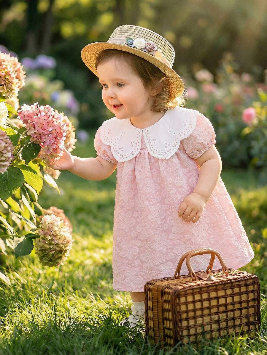 Girls Jacquard Princess Dress with Ruffle Collar for Elegant Summer Parties and Vacations