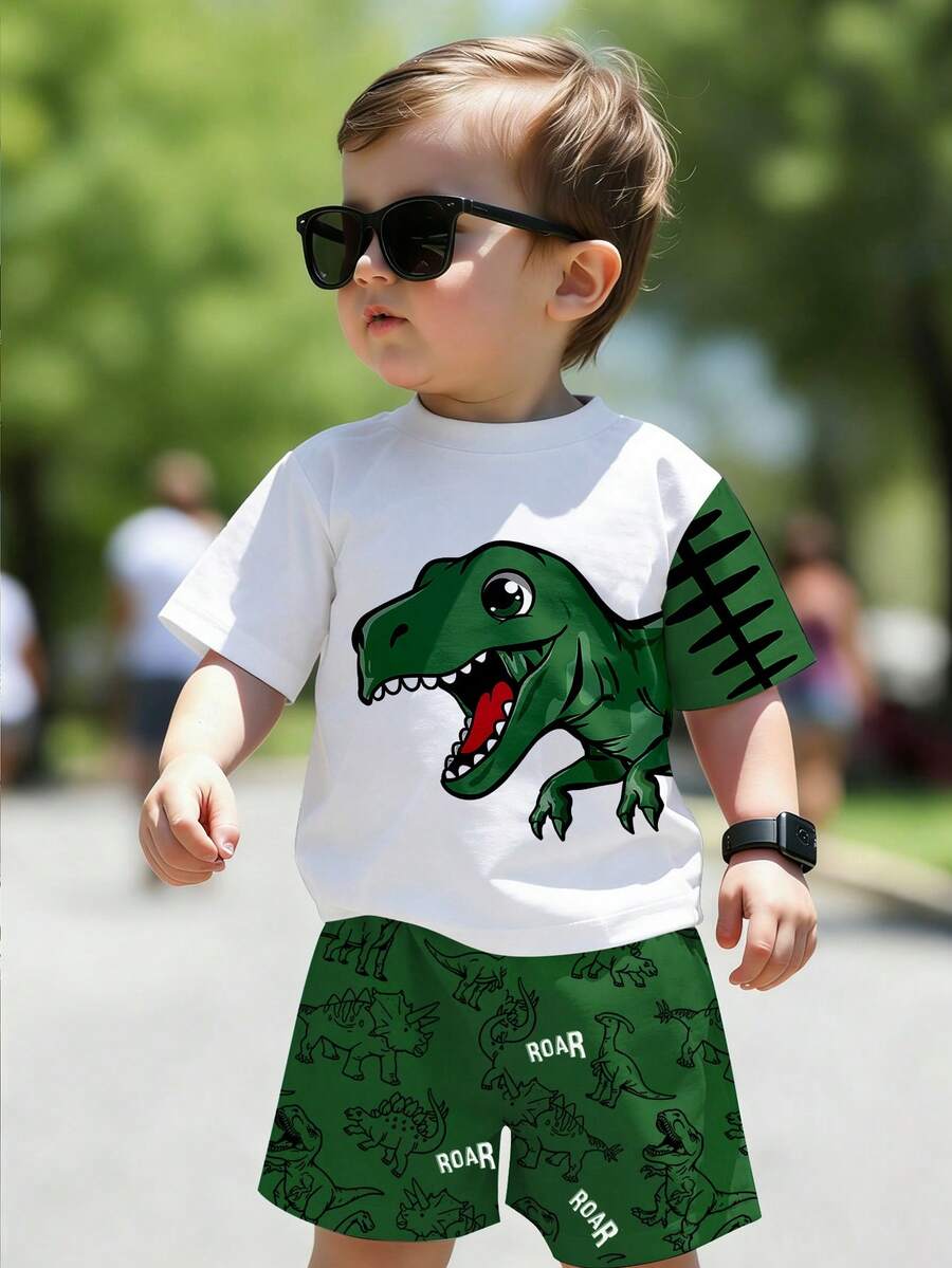Baby Boy Blue Dinosaur Print T Shirt and Matching Shorts Summer Outfit Set