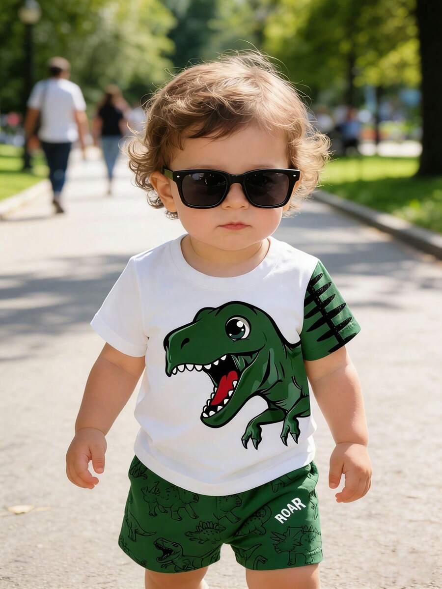 Baby Boy Blue Dinosaur Print T Shirt and Matching Shorts Summer Outfit Set