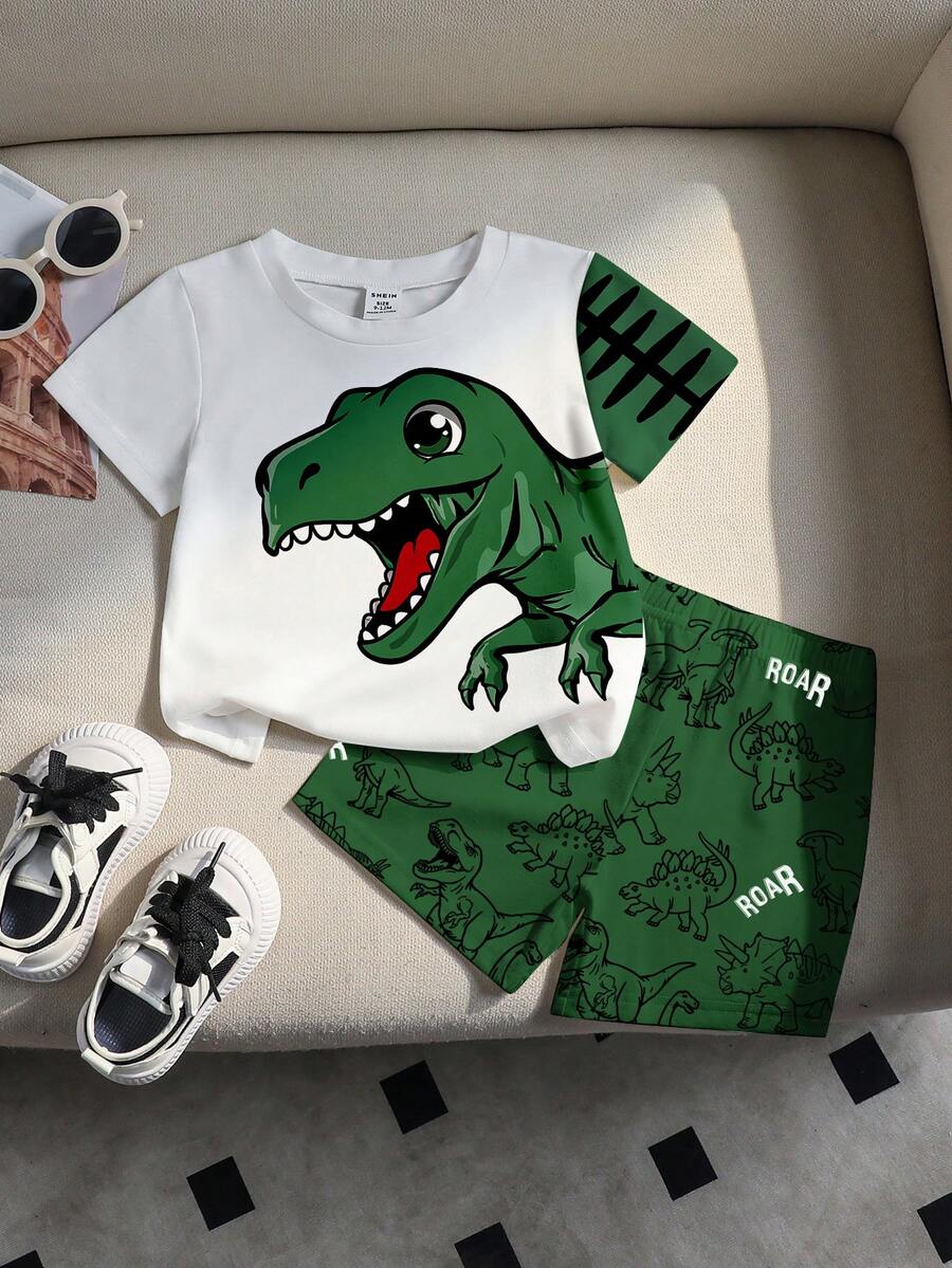 Baby Boy Blue Dinosaur Print T Shirt and Matching Shorts Summer Outfit Set