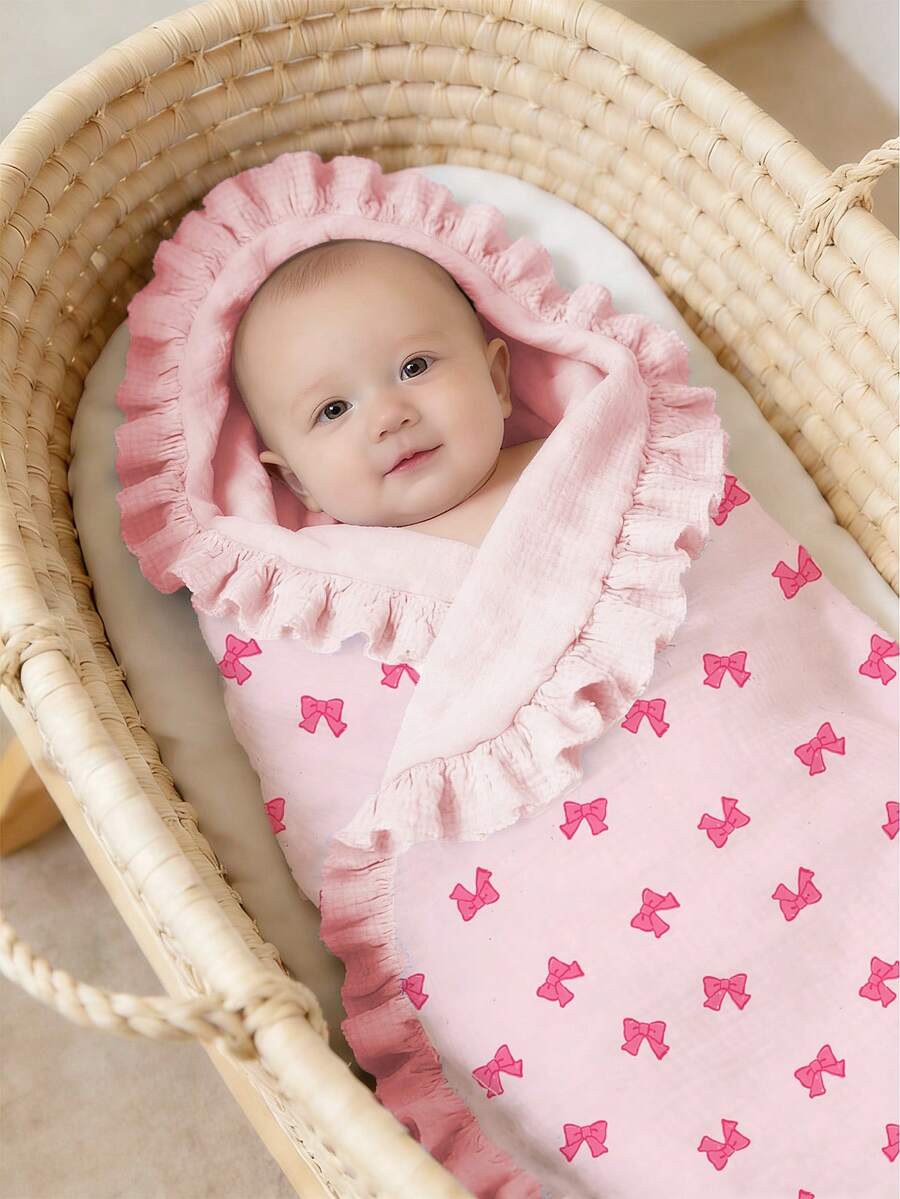Floral Baby Cotton Blanket Soft Ruffle Edge Receiving Blanket for Newborns and Infants