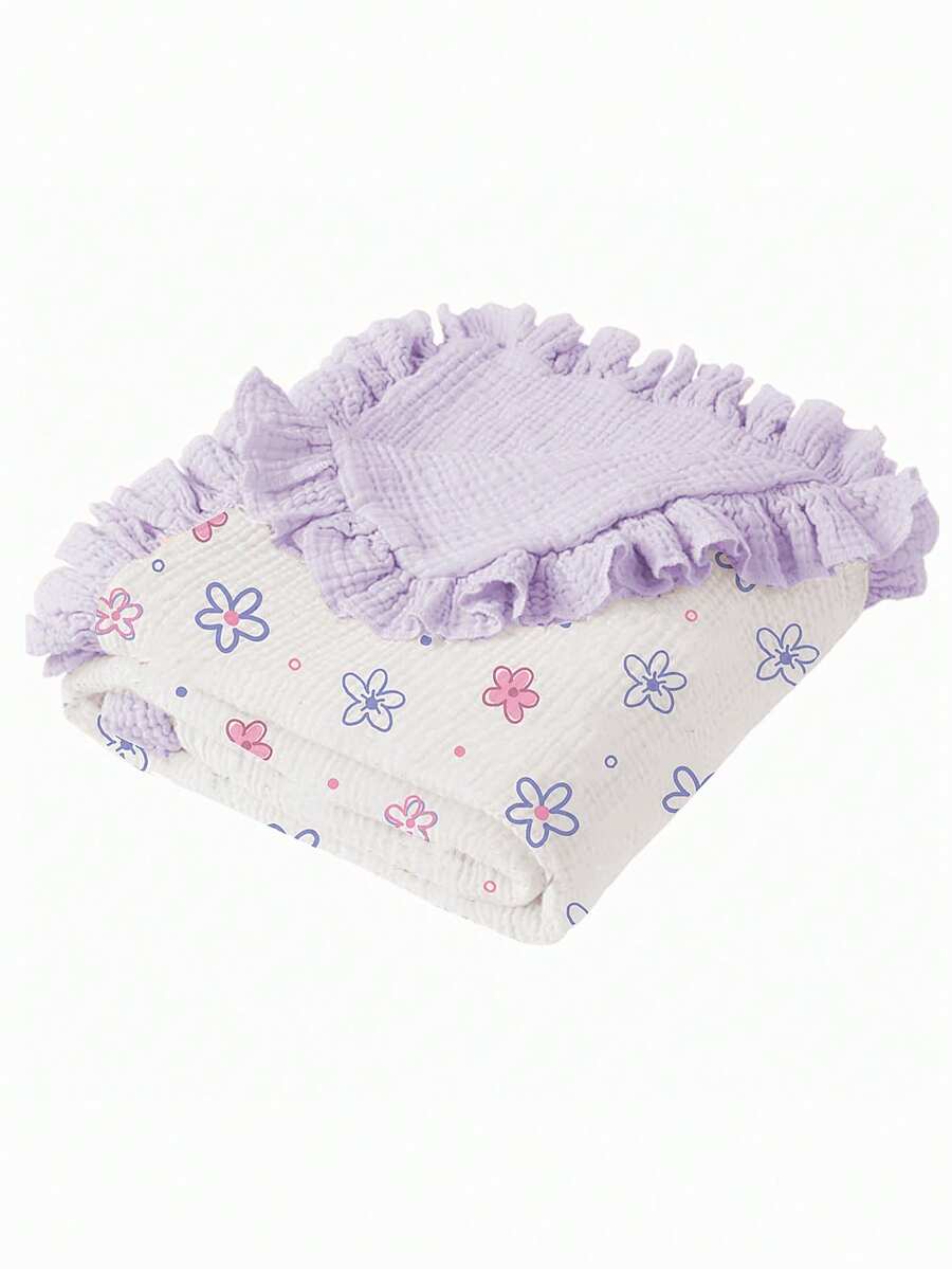 Floral Baby Cotton Blanket Soft Ruffle Edge Receiving Blanket for Newborns and Infants
