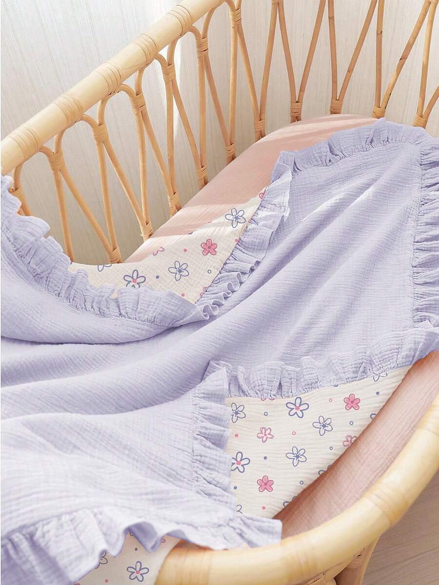 Floral Baby Cotton Blanket Soft Ruffle Edge Receiving Blanket for Newborns and Infants