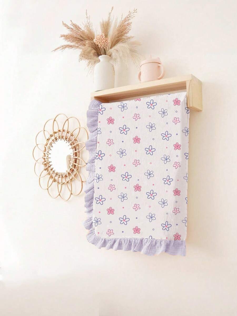 Floral Baby Cotton Blanket Soft Ruffle Edge Receiving Blanket for Newborns and Infants