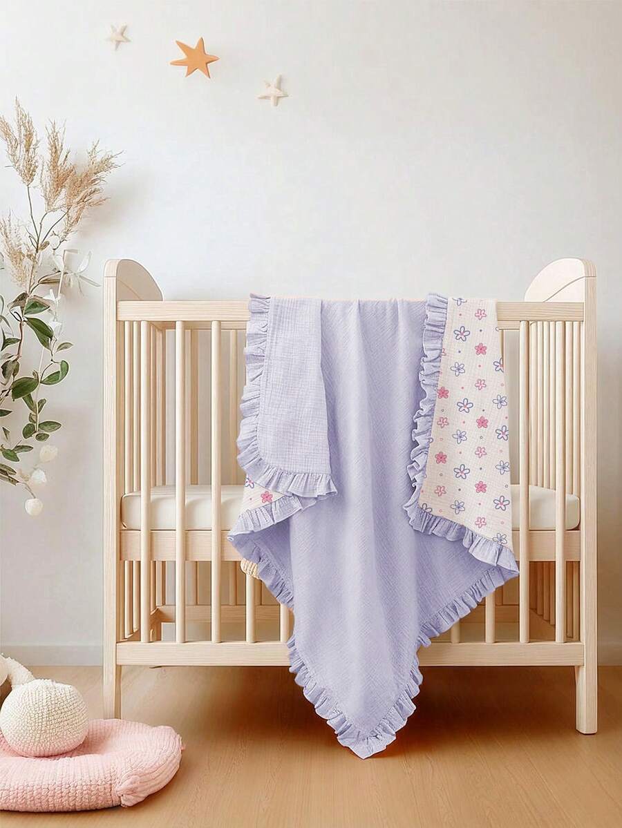 Floral Baby Cotton Blanket Soft Ruffle Edge Receiving Blanket for Newborns and Infants