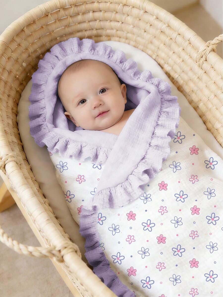Floral Baby Cotton Blanket Soft Ruffle Edge Receiving Blanket for Newborns and Infants