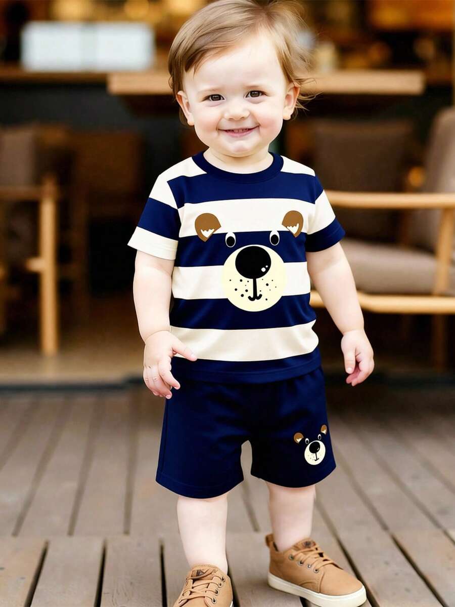 Playful Pals Toddler Boy Bear Motif Shirt and Distressed Jean Shorts Suit