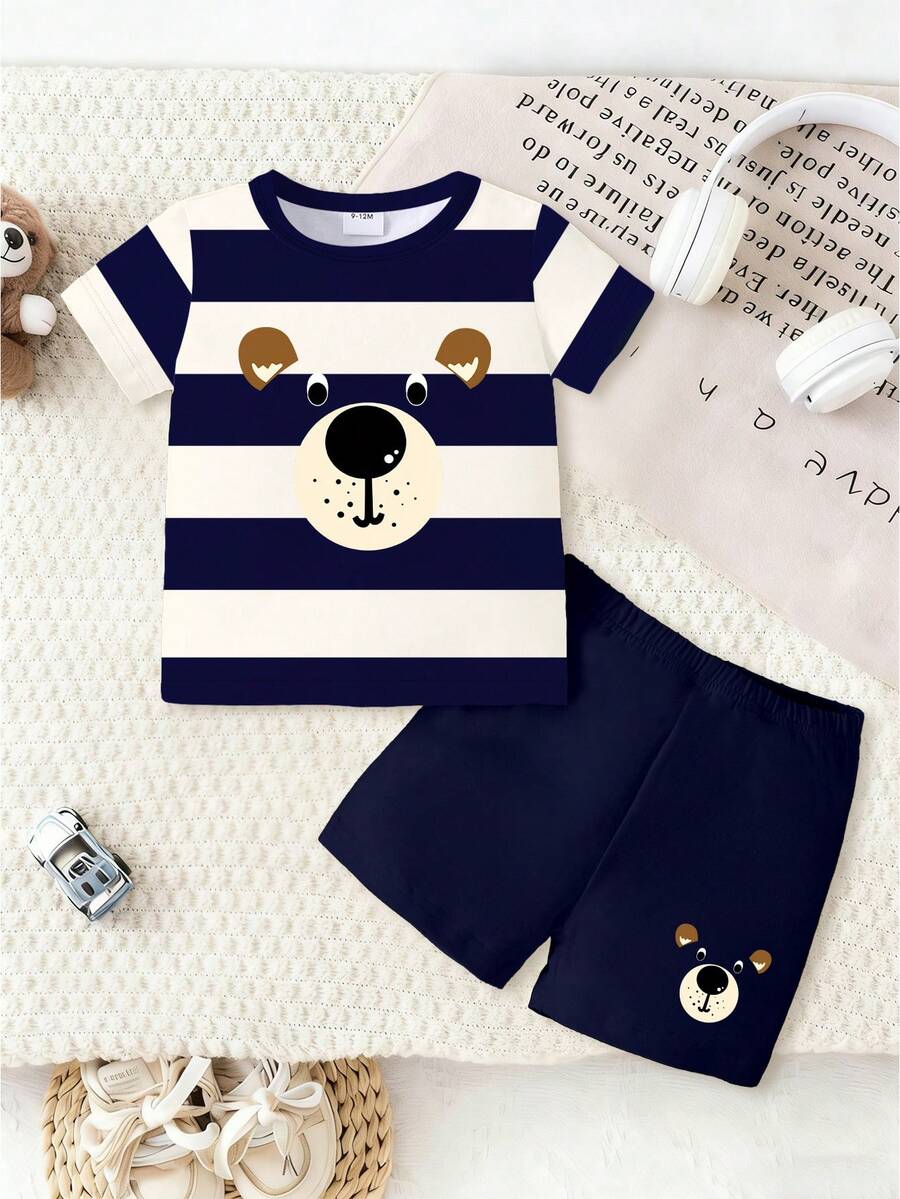 Playful Pals Toddler Boy Bear Motif Shirt and Distressed Jean Shorts Suit