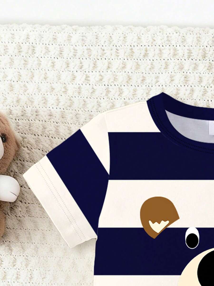 Playful Pals Toddler Boy Bear Motif Shirt and Distressed Jean Shorts Suit