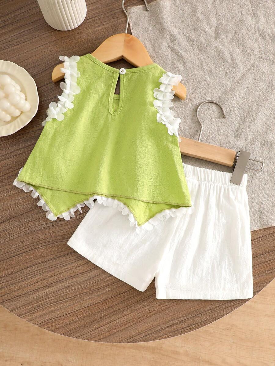 Light Green Vest Top And Apricot Shorts Set For Toddler Girls Vacation Wear