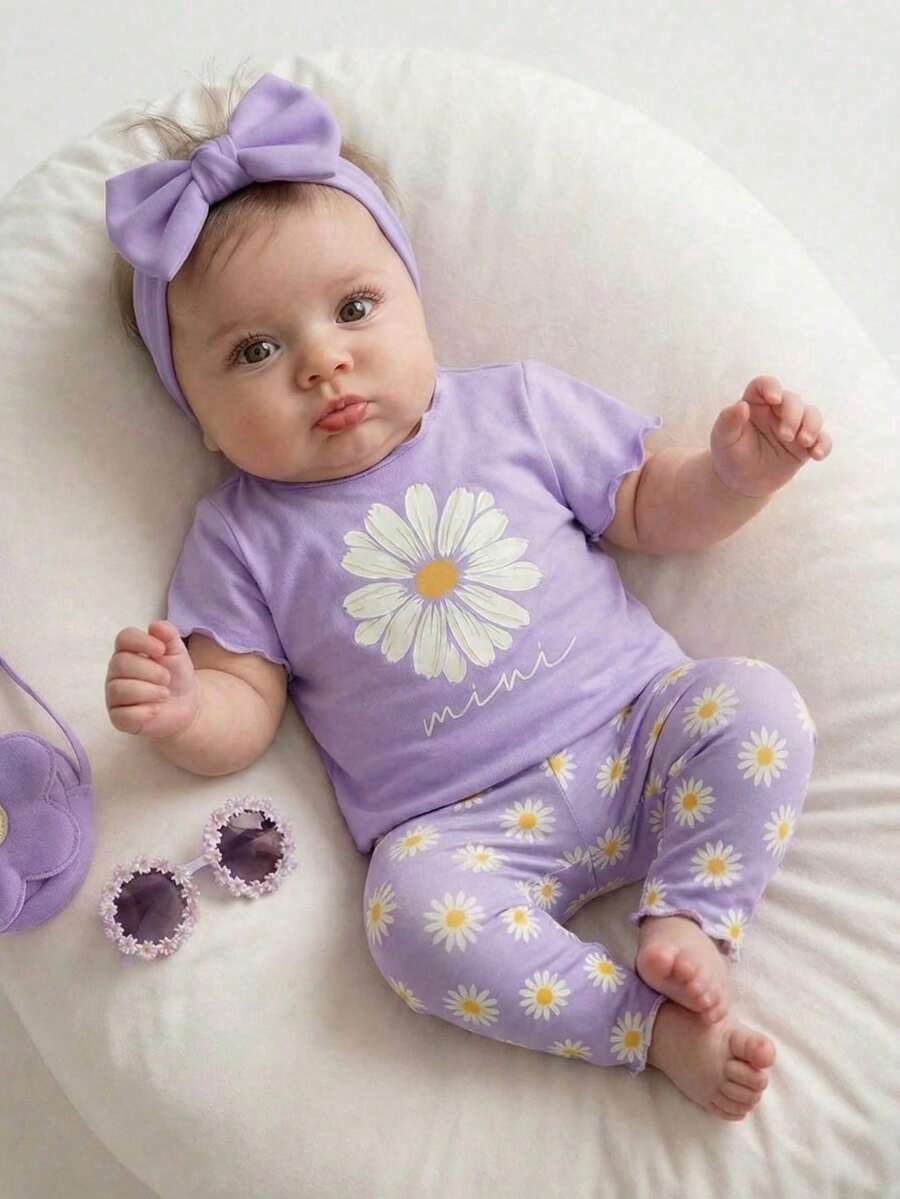 2PCS Baby Daisy Print T-Shirt and Shorts Set for Summer Daily Wear