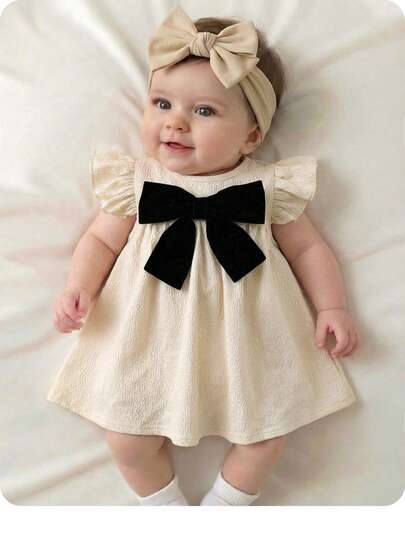 Infant Ivory Short Sleeve Dress - Elegant Textured Fabric for Little Ones