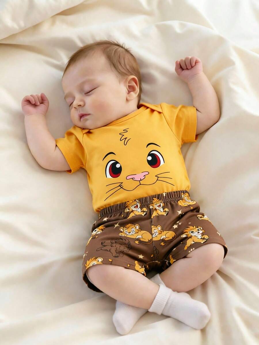 Baby Lion Print Romper and Shorts Set for Daily Wear and Photoshoots