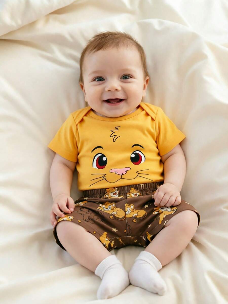 Baby Lion Print Romper and Shorts Set for Daily Wear and Photoshoots