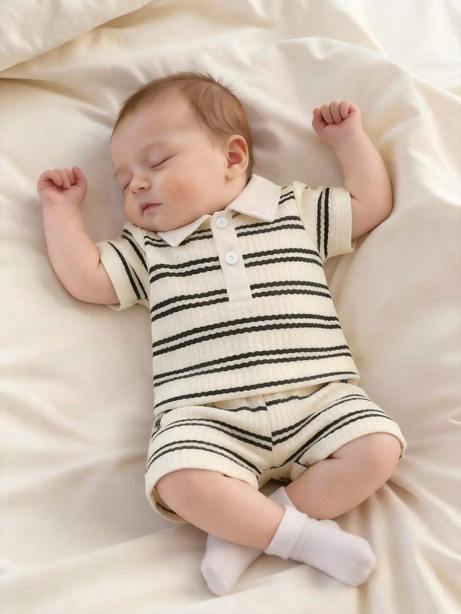 2PCS Baby Knitted Jacquard Shirt and Shorts Set for Casual Summer Outings