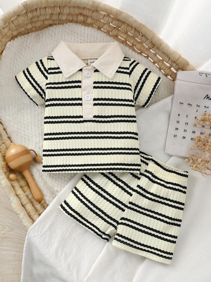 2PCS Baby Knitted Jacquard Shirt and Shorts Set for Casual Summer Outings