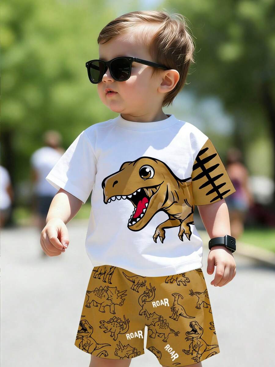 Baby Boy Blue Dinosaur Print T Shirt and Matching Shorts Summer Outfit Set