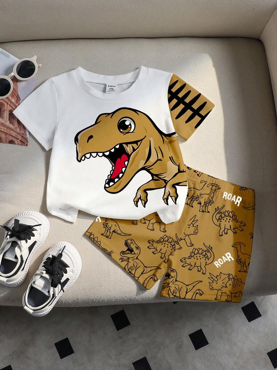 Baby Boy Blue Dinosaur Print T Shirt and Matching Shorts Summer Outfit Set