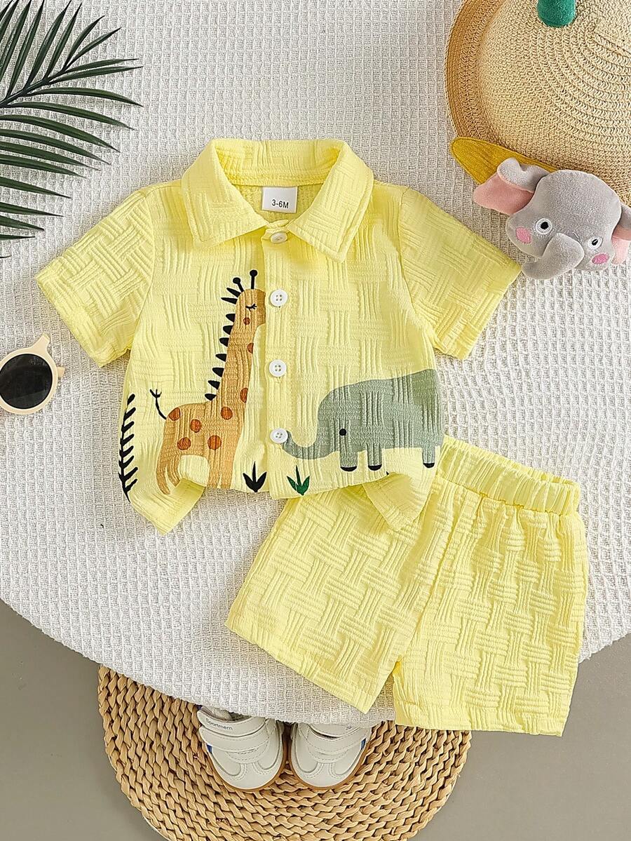 Baby Boy Cartoon Print Textured Shirt and Shorts 2 Piece Street Fashion Outfit Set