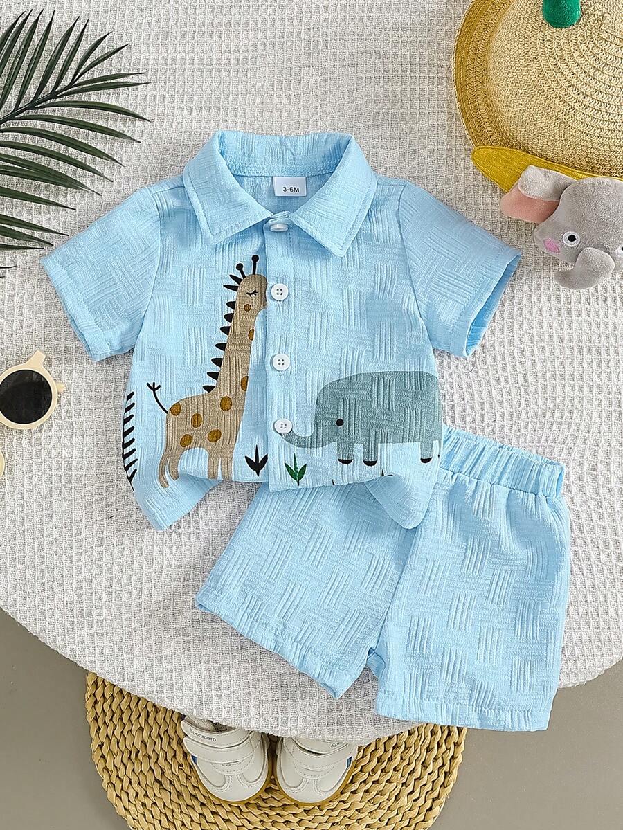 Baby Boy Cartoon Print Textured Shirt and Shorts 2 Piece Street Fashion Outfit Set