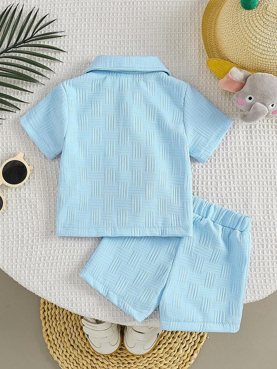 Baby Boy Cartoon Print Textured Shirt and Shorts 2 Piece Street Fashion Outfit Set