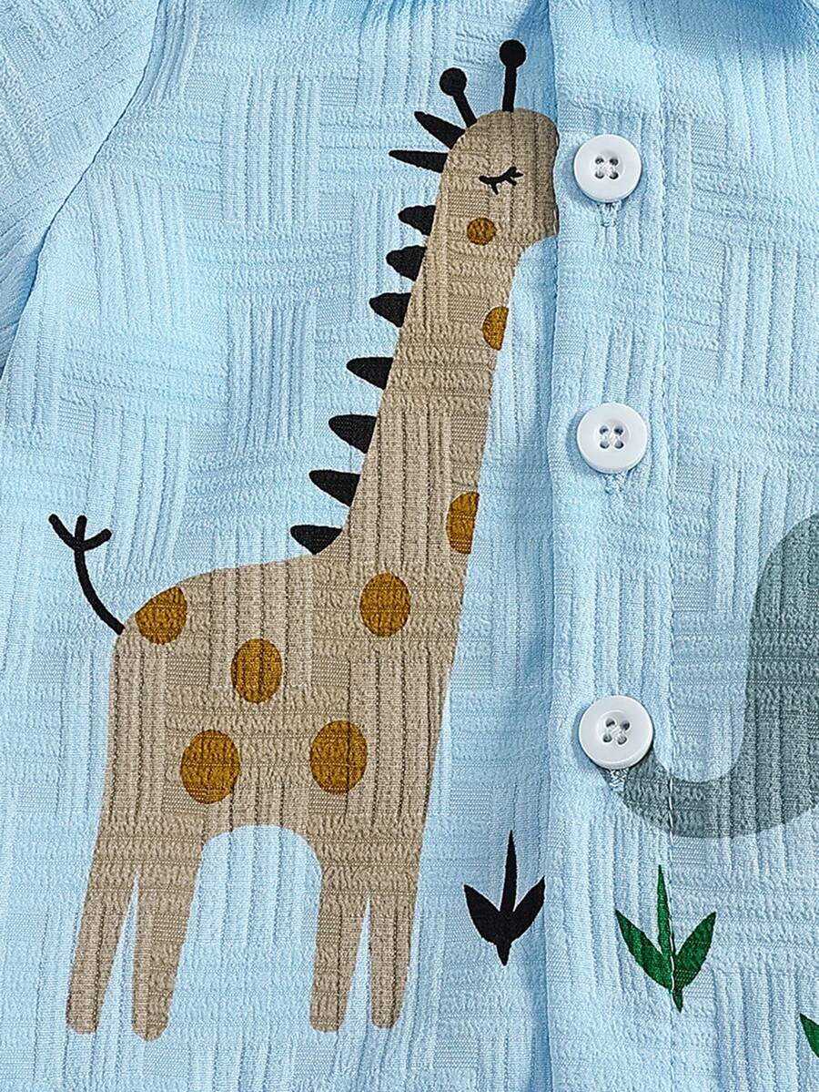 Baby Boy Cartoon Print Textured Shirt and Shorts 2 Piece Street Fashion Outfit Set