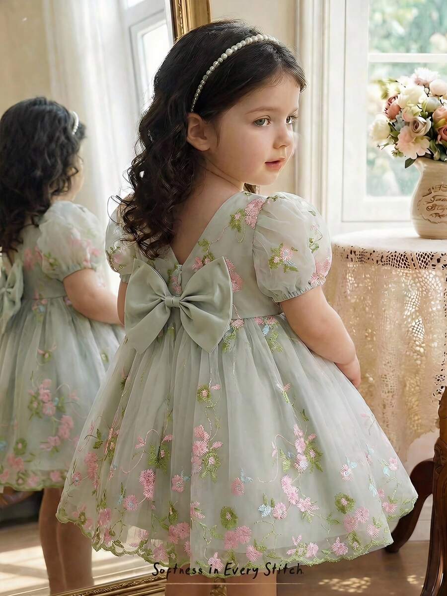 Pink Floral Mesh Embroidered Short Sleeve Dress for Baby Girls