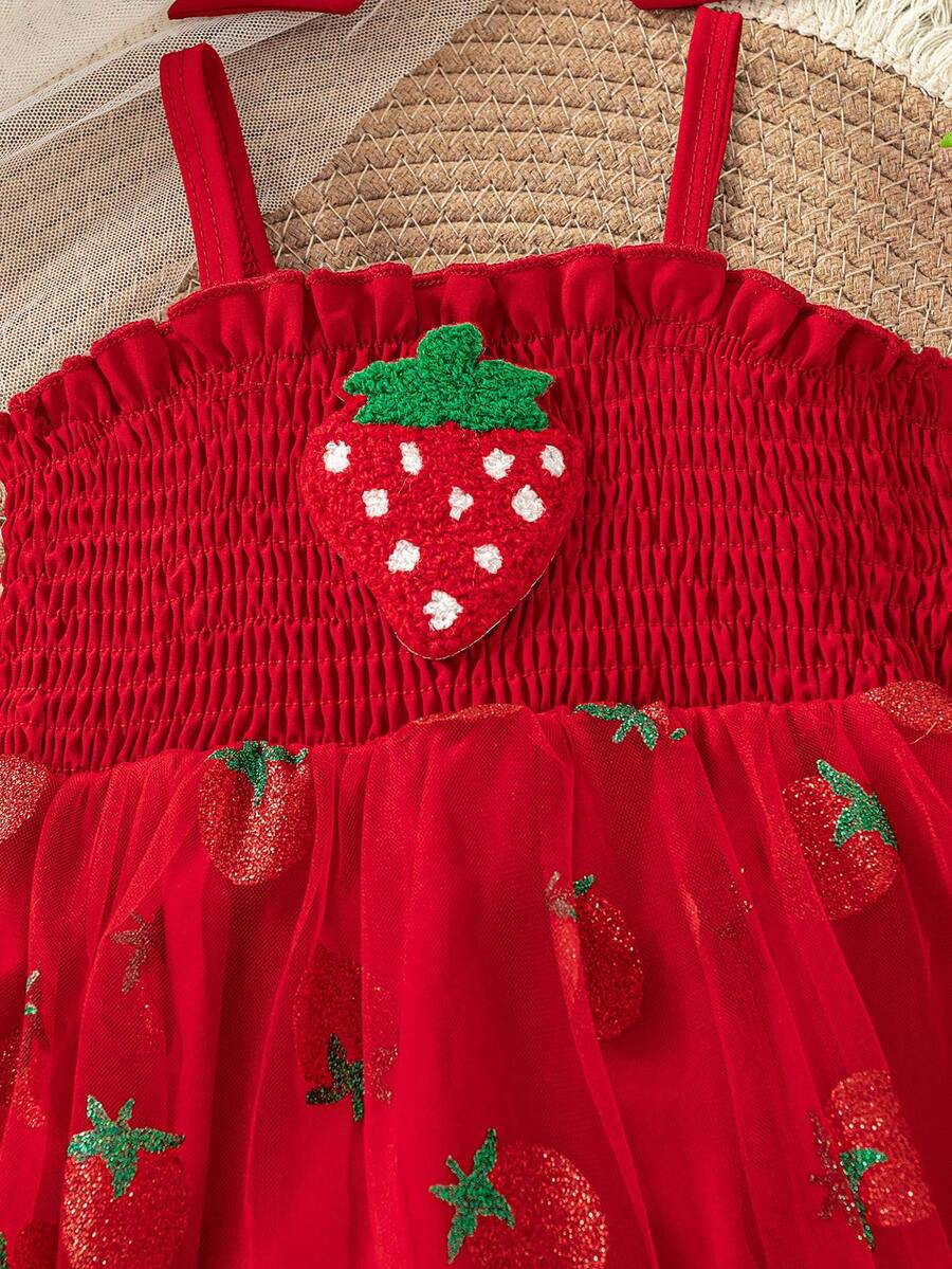 Baby Girls Strawberry Mesh Patchwork Romper with Headband for Summer Outdoor Wear